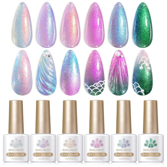 Born Pretty Pearl Gel Nail Polish, Shell Glimmer Shimmer Mermaid Glitter Chameleon Gel Polish Transparent Pearlescent Gel Polish Nail Art Manicure Varnish 6 Colors 7ml Collection Gifts