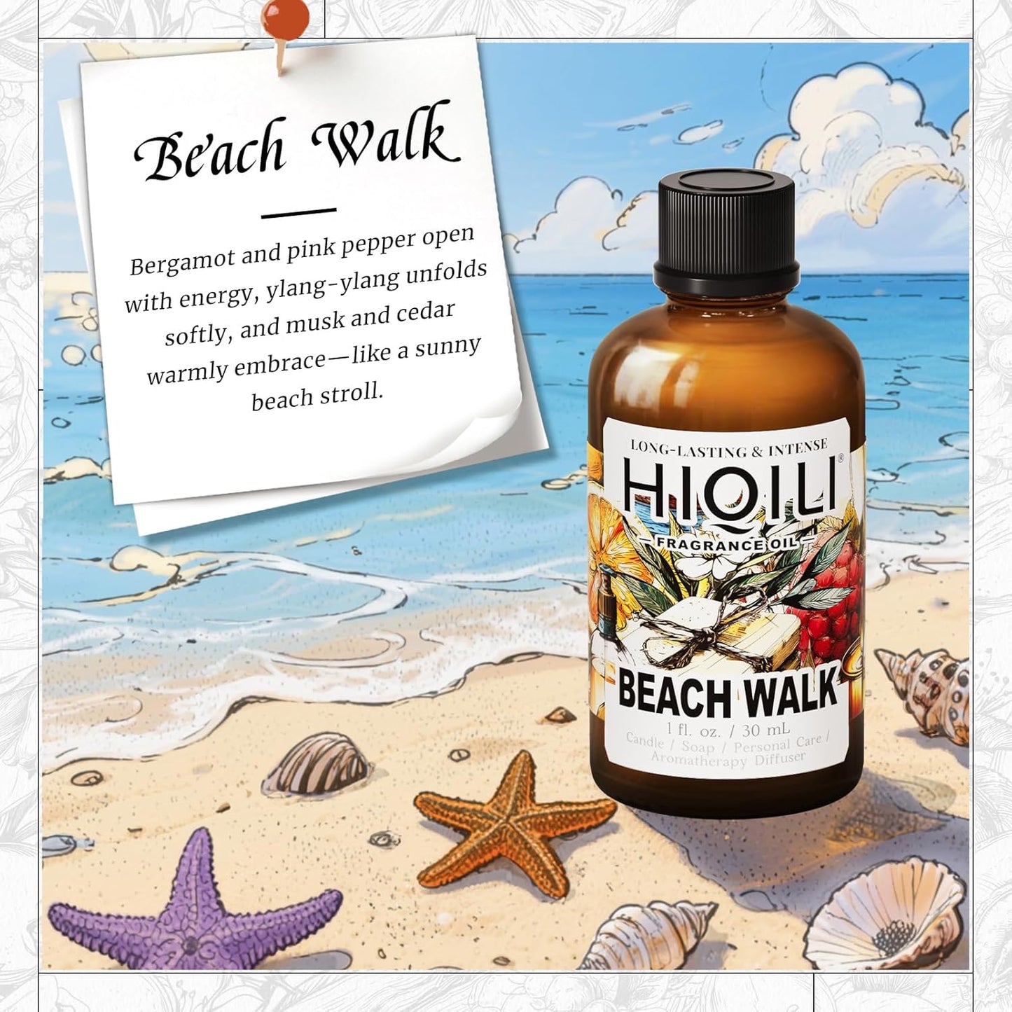 HIQILI Beach Walk Fragrance Oil for Diffuser & Humidifier, Candle & Soap Making, Luxury Hotel Scents, Perfect as a Gift - 1 Fl Oz