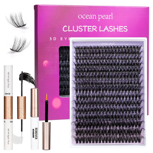 Ocean Pearl Lash Clusters 10-20mm 200D 300PCS Lashes DIY Lash Clusters Kit Individual Lashes Cluster Eyelash Extensions Natural Eyelashes DIY Eyelash Extension Kit with Bond+Seal+Remover+Tweezer-200D