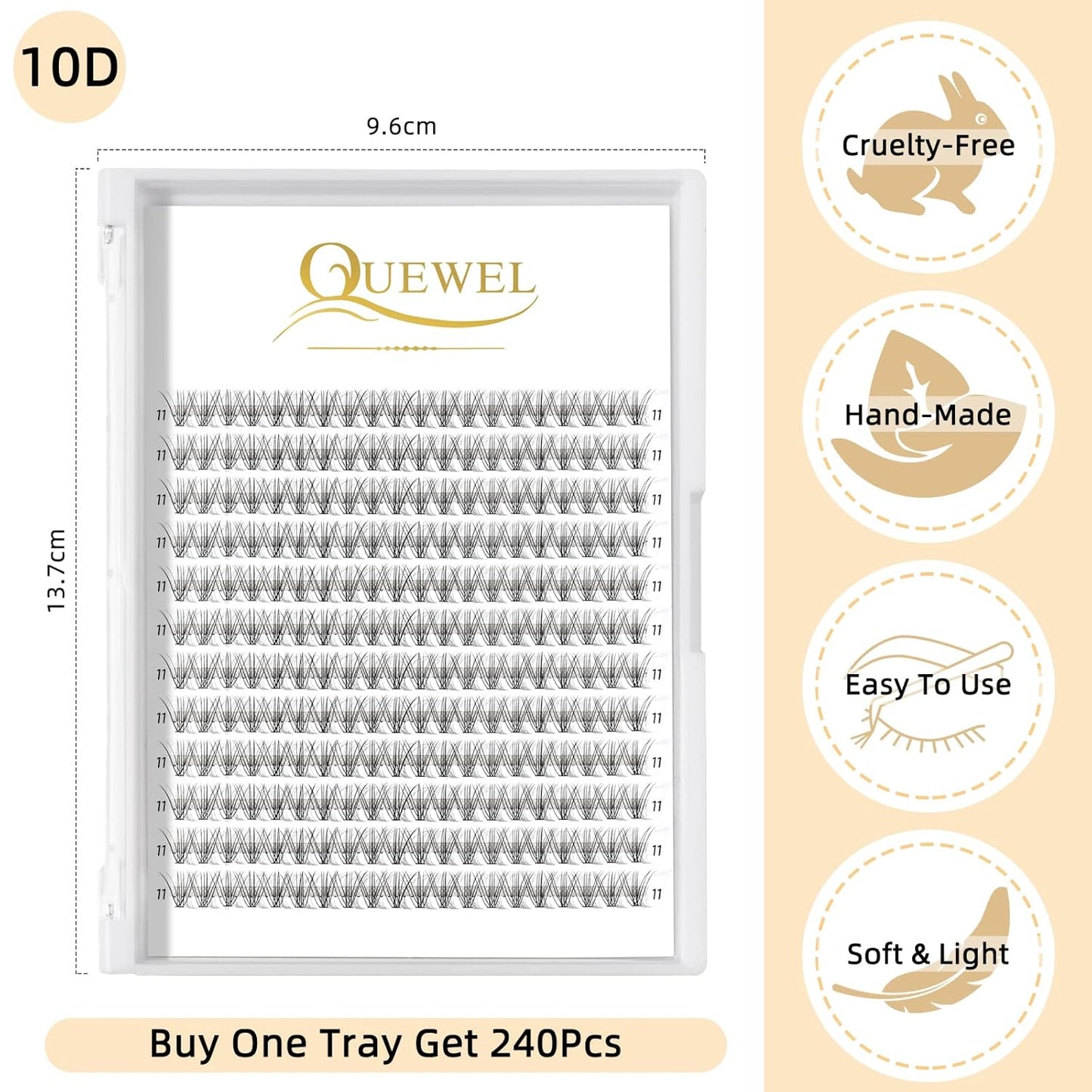 QUEWEL Cluster Lashes 240Pcs Individual Lashes 10D 0.10D Curl 11mm Knot-Free Lash Extensions Clusters Lashes Soft&Natural False Eyelashes Individual DIY Eyelash Extension at Home(10D 0.10D 11)