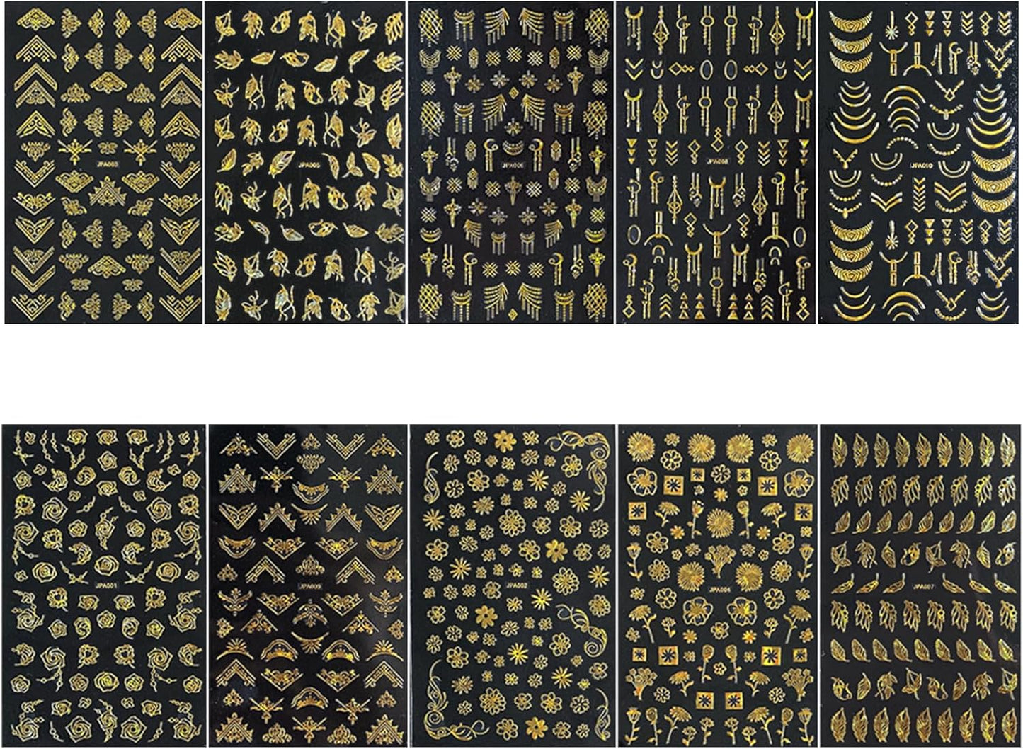 Gold Stickers for Nails - 10 Sheets 3D Self-Adhesive Flower, Leaf, and Geometry Designs - Manicure Art Supplies and Decorations for Women, Style5