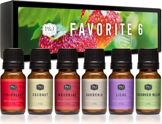 P&J Fragrance Oil Favorites Set | Strawberry, Coconut, Woodbine, Gardenia, Lilac, Cucumber Melon Scents for Candle Making, Soap Making Supplies, Diffuser Oils Scents