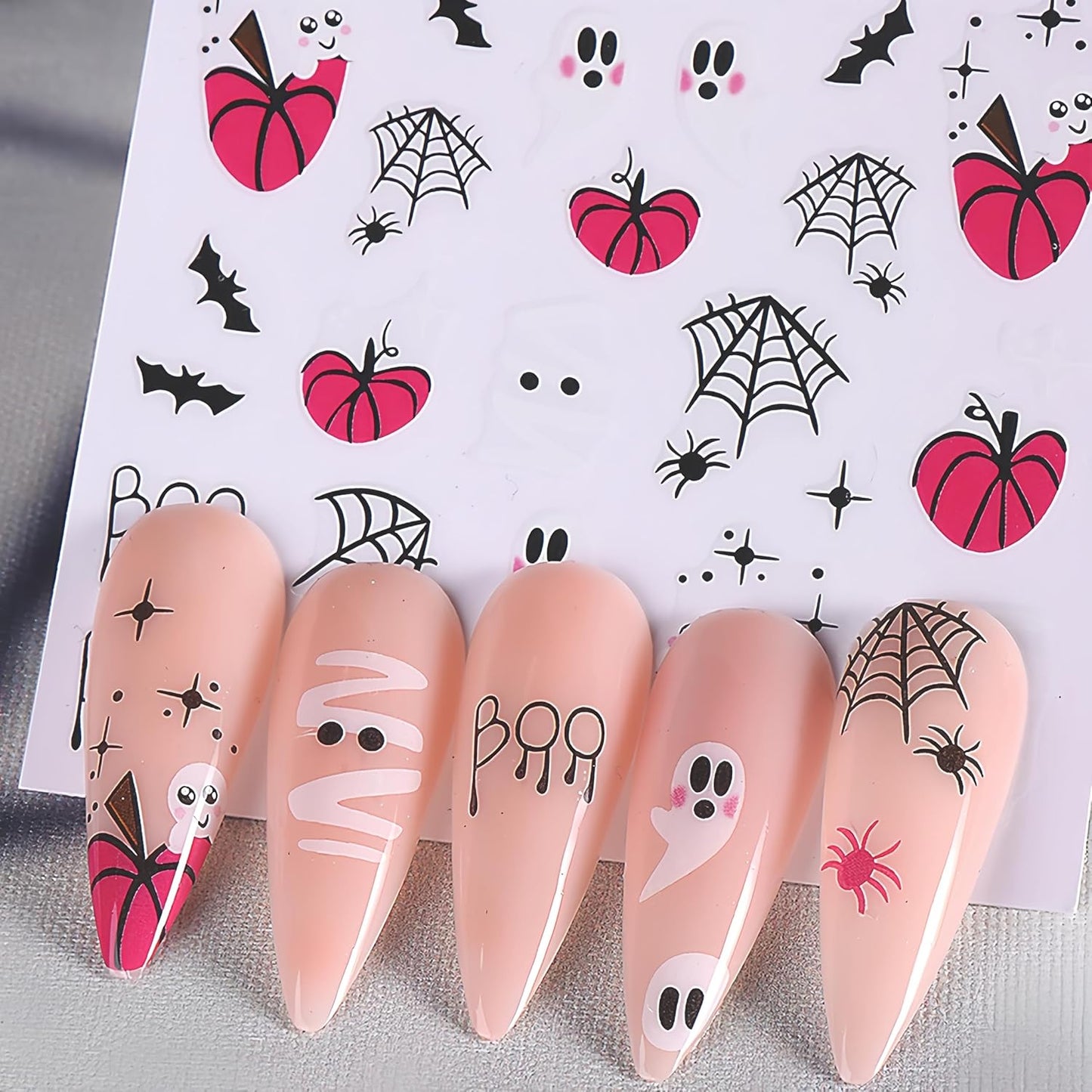 8 Sheets Halloween Nail Art Stickers 3D Self-Adhesive Pink Pumpkin Spider Web Ghost Scar Nail Decals Cute Design Nail Decals for Women Girls DIY Nail Designs Supplies for Halloween Party