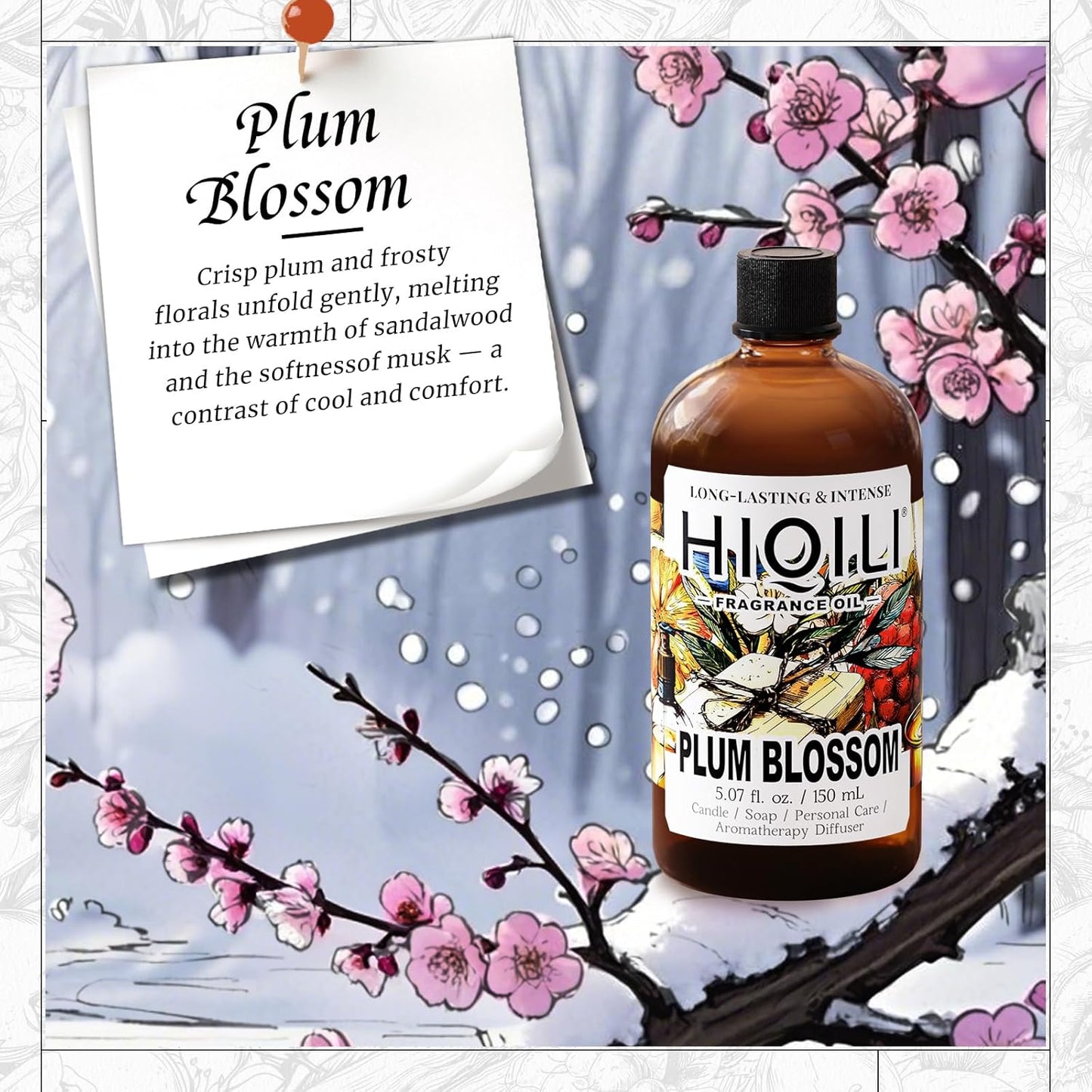 HIQILI Plum Blossom Fragrance Oil for Making Candle, Soap, Inspired by J-M.Lone Plum-Bloom, Linen Spray and Scented Sachets, Use in Essential Oil Diffuser - 5.07 Fl Oz