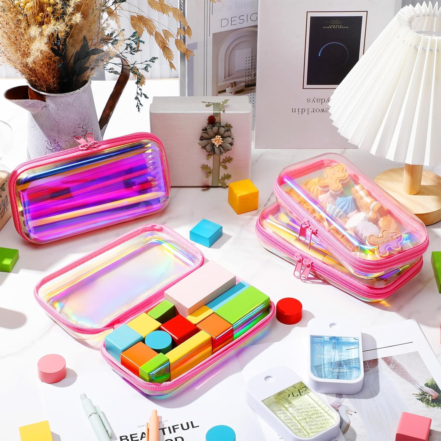 Hoolerry 4 Pcs Hard Clear Zipper Case Makeup Bags Plastic Pencil Pouch Transparent Storage Box Containers for Cosmetics, Snacks, Building Blocks, Puzzles(Pink Laser,7.5 x 3.9 x 2 in)