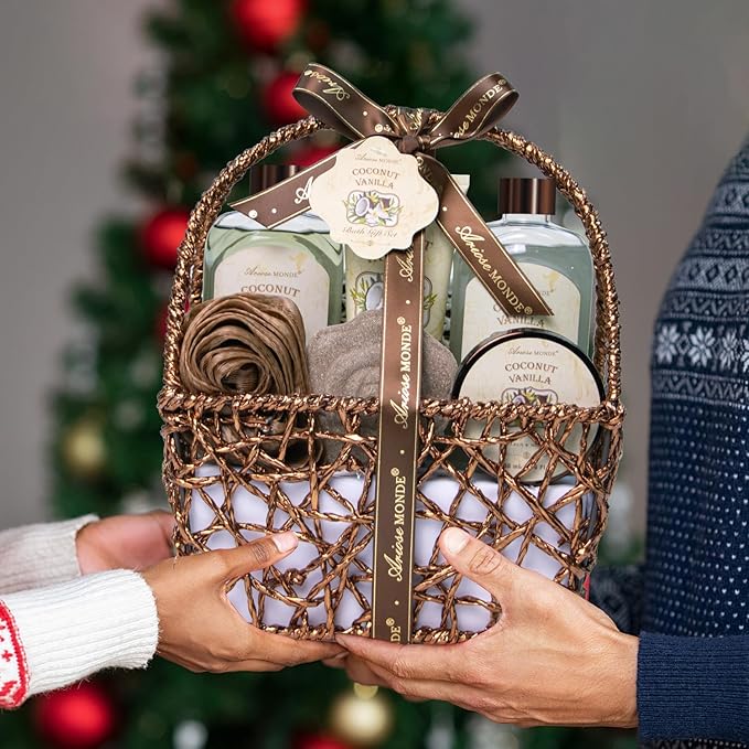 Spa Gift Baskets - Coconut Vanilla Bath Gift Set for Women, Luxury Relaxing Spa Kit with Bath Bombs, Body Lotion and Body Scrub, Birthday Gifts for Women, Christmas Spa Gifts for Mom