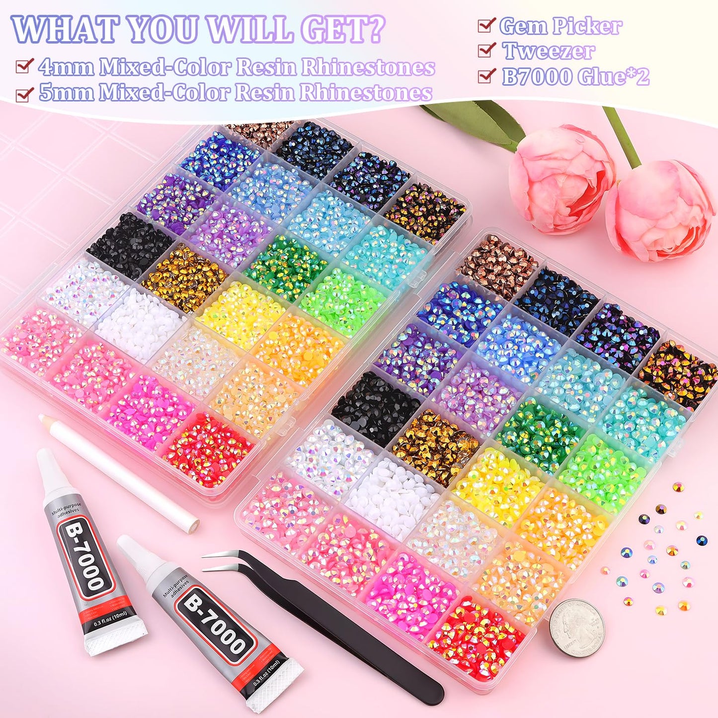 2 Boxes Jelly Rhinestones for Bedazzling, 19200Pcs 4mm & 5mm Multicolor Flatback Resin Gems for Crafting, Bedazzler Kit with 2Pcs 10ml B7000 Jewelry Glue for DIY Crafts Book Fabric Decor Nail Art