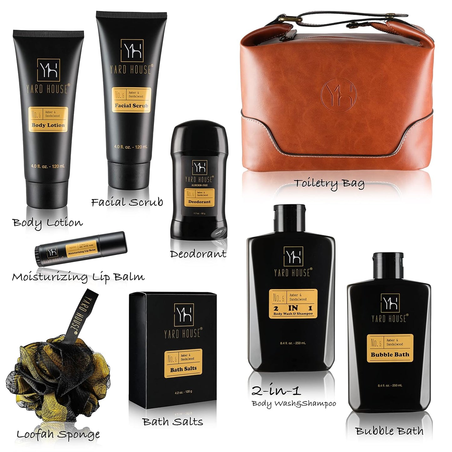 Bath and Body Gift Set for Men - Sandalwood Amber - Birthday, Christmas, Fathers Day Gifts From Wife Daughter Son for Husband, Dad - Relax Spa Kit w. Full Size Items in Deluxe Toiletry Bag