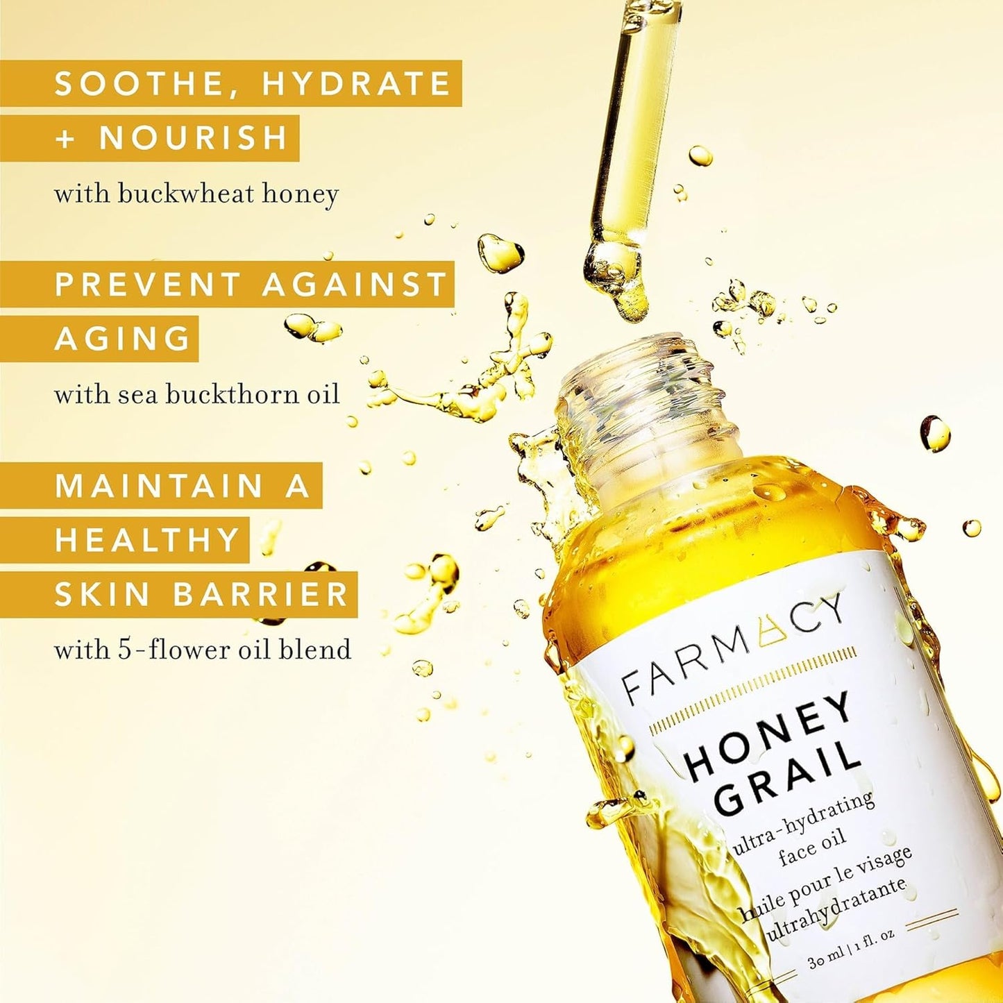 Farmacy Hydrating Face Oil - Honey Grail Nourishing Oil for Skin & Hair - Infused with Sea Buckthorn Oil, Rosehip Oil & Buckwheat Honey to Moisturize & Maintain a Healthy Skin Barrier (30ml)