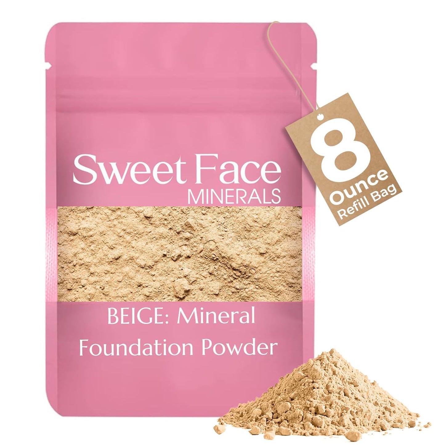 Foundation Powder Refill (BEIGE)(8 Ounce Bag) By Sweet Face Minerals, Lightweight Mineral Loose Makeup Powder with SPF 20, Full Coverage Flawless Finish, Talc-free, Cruelty-Free, Refillable Pouch