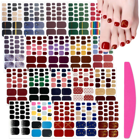 SILPECWEE 20 Sheets Adhesive Toe Nail Polish Stickers Decals Solid Color Full Wraps Nail Strips Manicure Accessories for Women 1Pc Nail File