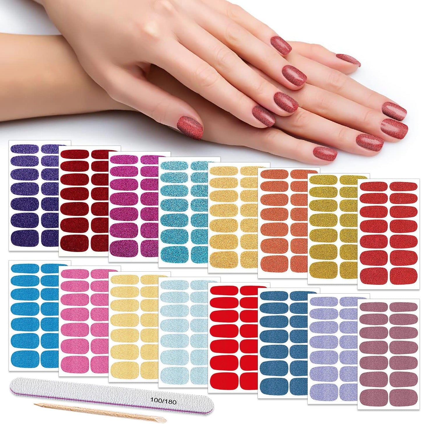 DANNEASY 16 Sheets Nail Wraps for Women Nail Polish Strips Solid Self Adhesive Gel Nail Stickers Gel Strips Nails Art Accessories with 1pc File, Cuticle Stick (Glitter)