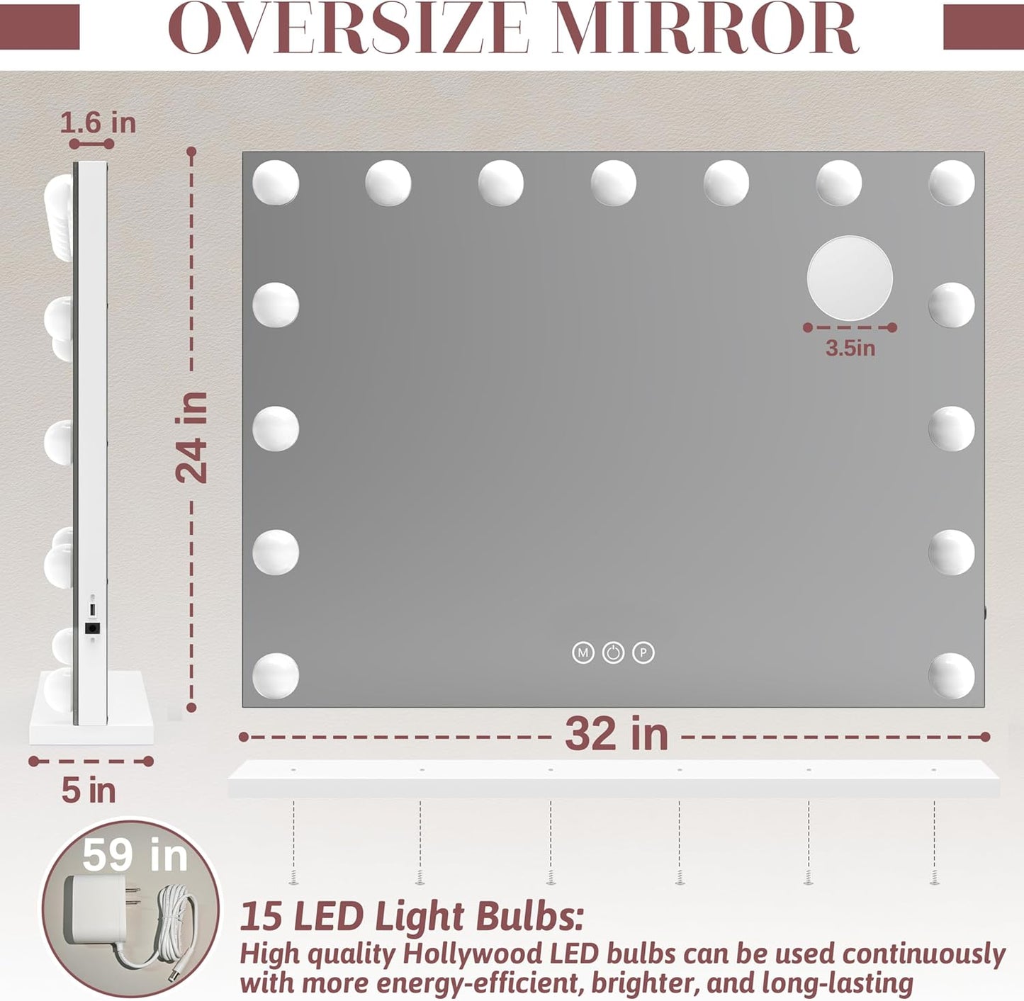 32"x24" Hollywood Vanity Mirror with Lights, 18 Dimmable LED Bulbs, 3 Color Modes, 10X Magnification, USB Charging Port, Tabletop or Wall-Mounted