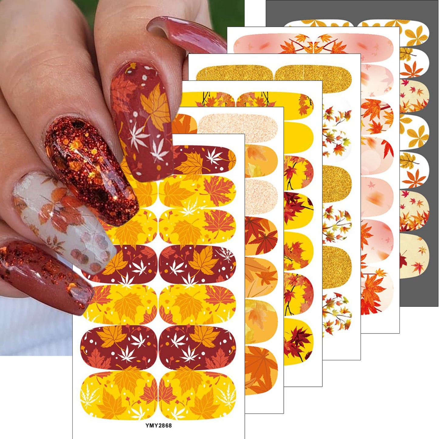 Autumn Maple Leaf Gel Nail Wraps - Thanksgiving Decals, 6 Sheets