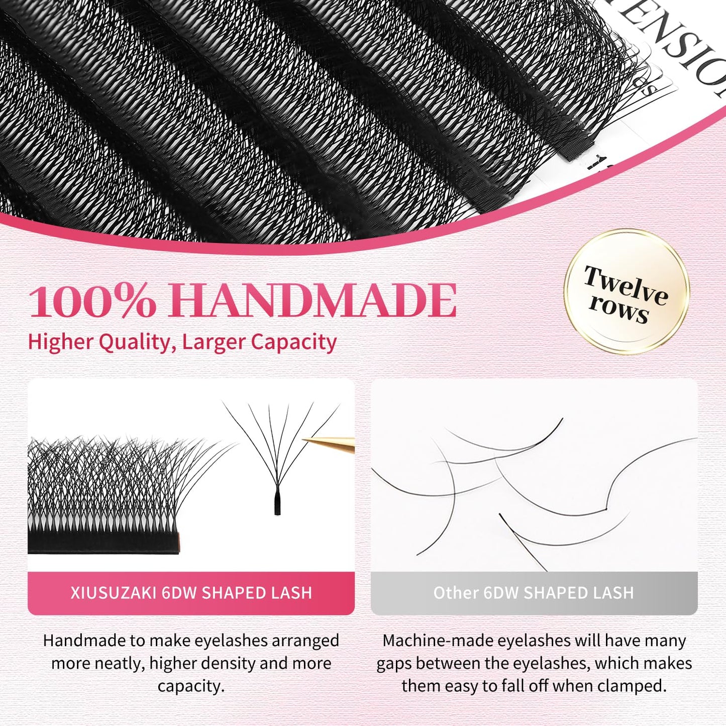 W Lash Extensions Supplies 6D Eyelash Extensions W Shape 0.07mm Thickness C Curl 12mm Premade Fans Easy Fan Lashes Volume Matte Black 12 Rows Crisscross Eye Lashes(W-6D-0.07-C,12mm)
