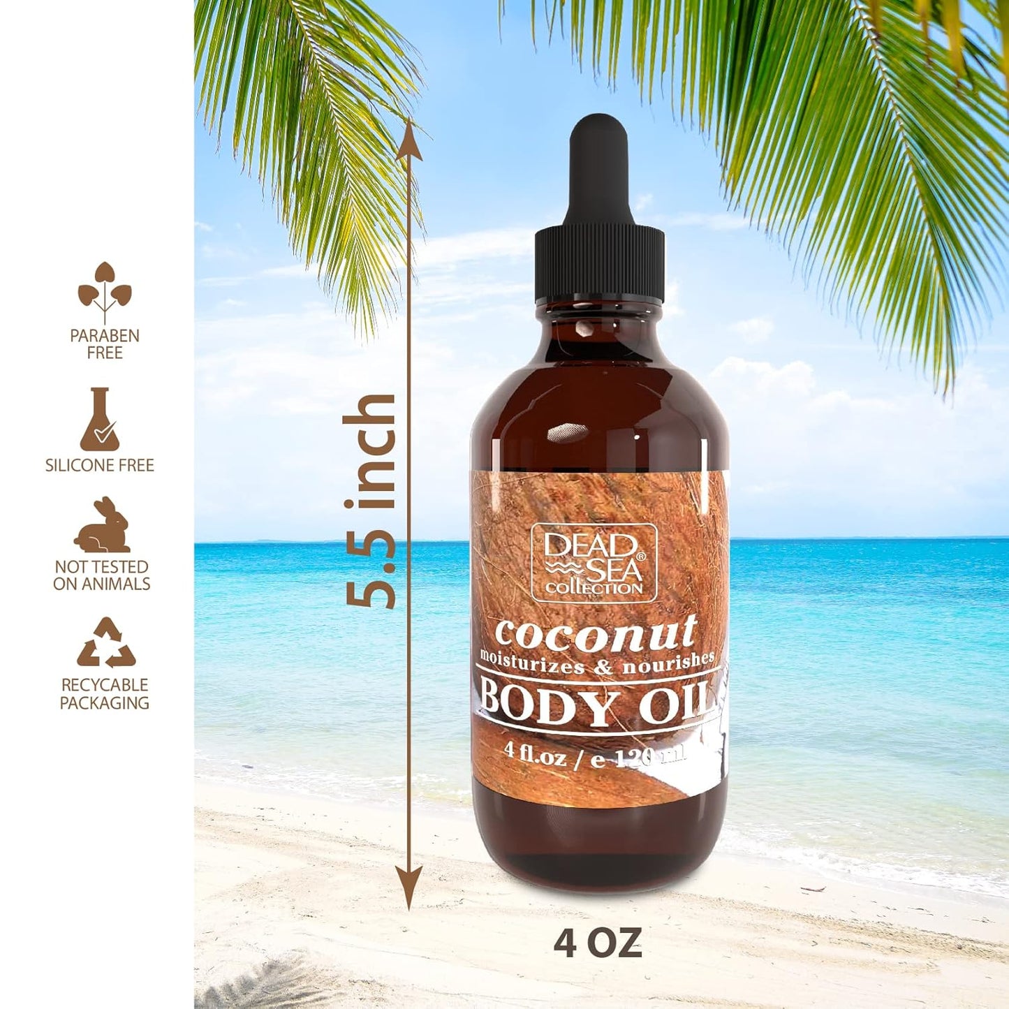 Dead Sea Collection Body Oil with Coconut - Dry Skin Moisturizer and Hydrating Massage Oil - Nourishing Bath - Increase Skin Elasticity and Provide Anti-Aging Support for Face and Body (4 fl.oz)