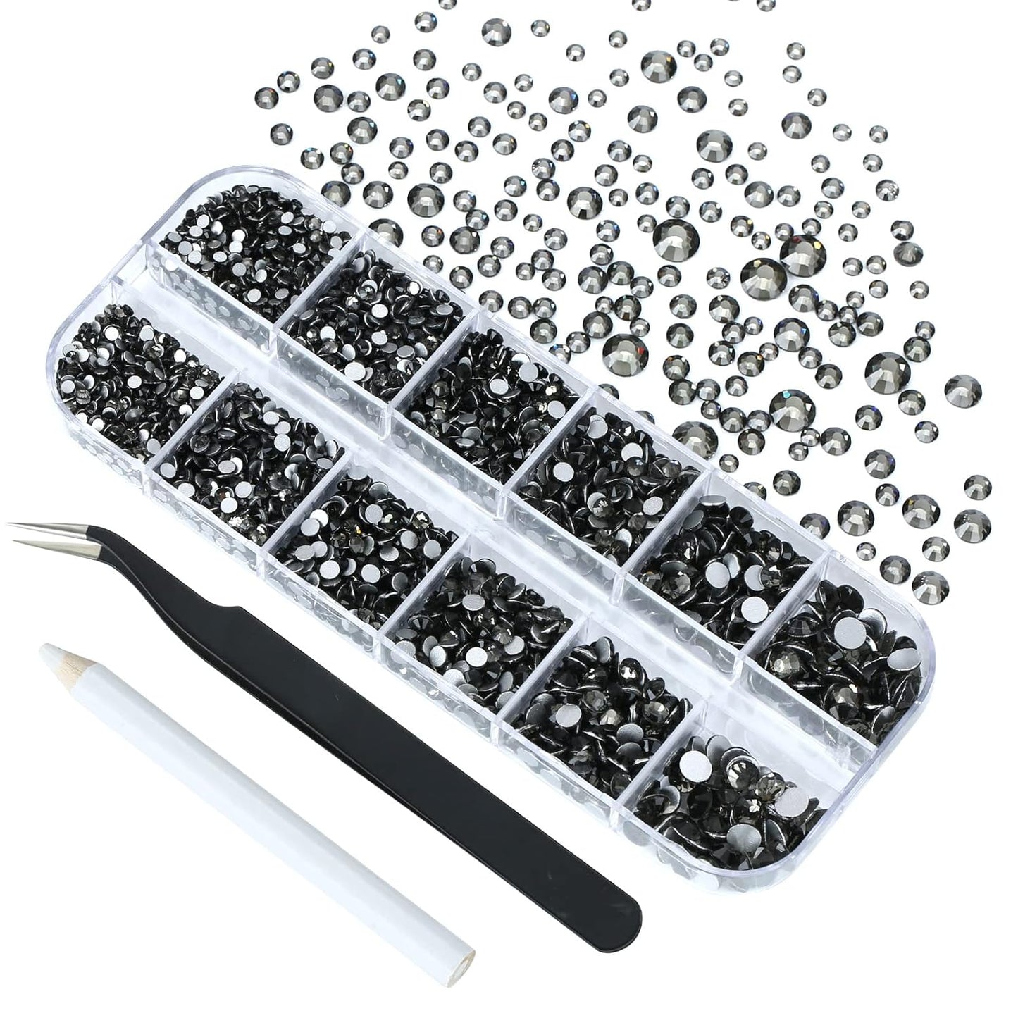 4240Pcs Black Diamond Flatback Rhinestones 6 Sizes Crystal Diamonds for Nail Art Crafts Clothes Shoes with Tweezers and Picking Pen