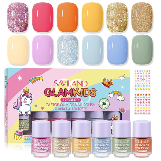 SAVILAND Glamkids Kids Nail Polish Quick-Dry:Non-Toxic Nail Polish Set 12 Colors Water Based Peel-Off Toddler Fingernail Polish Natural Safe Castor Oil Nail Lacquer Kit with Sticker for Girl Ages 5-12
