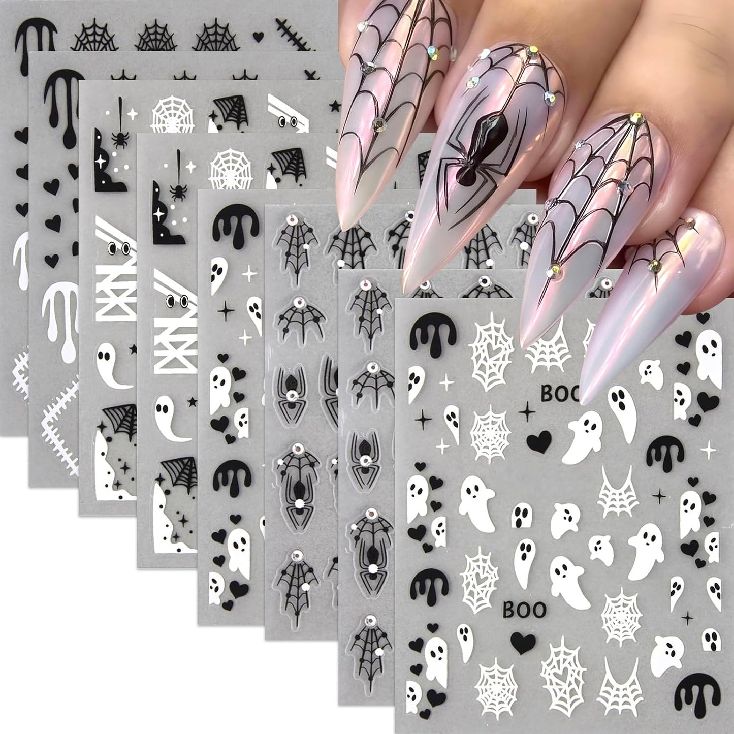 8 Sheets Spider Nail Art Stickers Halloween Ghost Nail Decals 3D Self-Adhesive Black White Heart Spider Web and Rhinestones Spiders Nail Design Acrylic Nails Decoration for Women Holiday Nail Charm