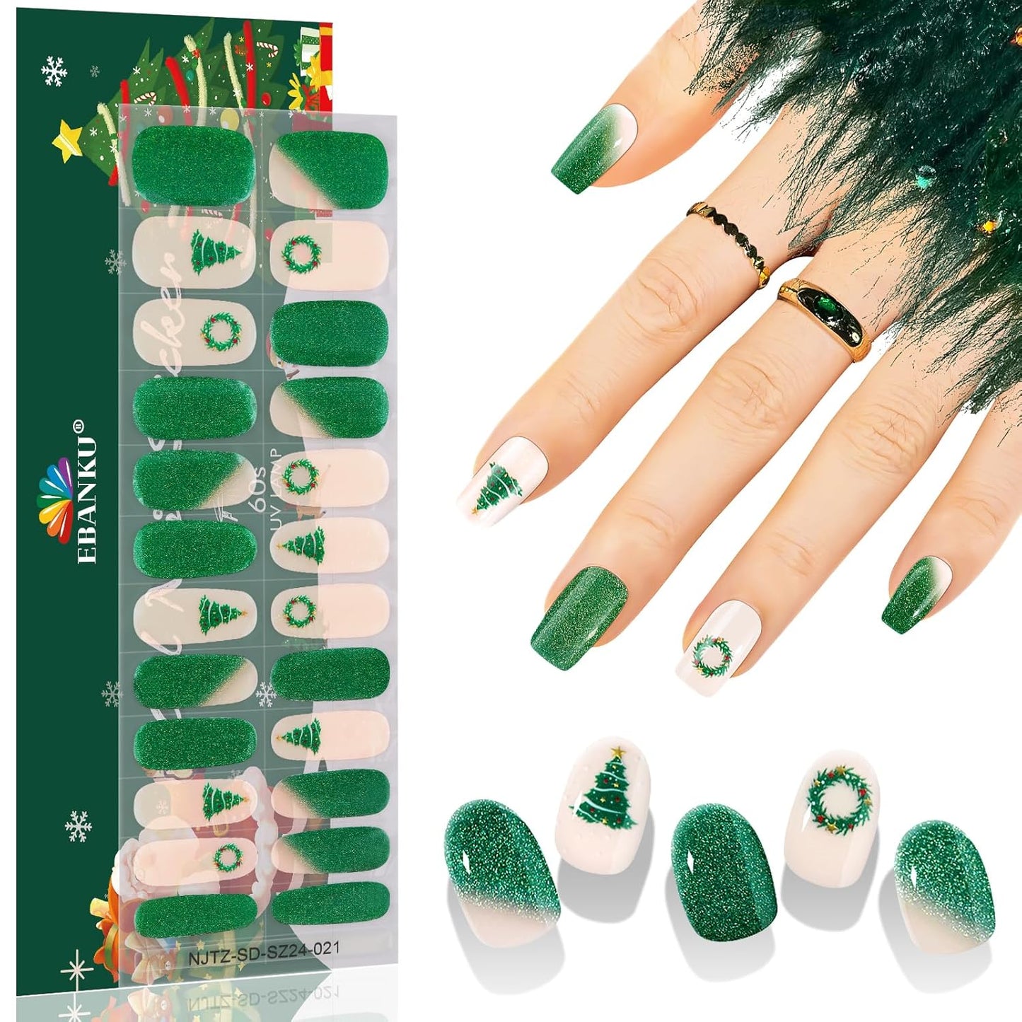 EBANKU 24PCS Christmas Semi-Cured Gel Nail Strips, Christmas Tree Christmas Wreath Adhesive Gel Nail Art Sticker, Waterproof Gel Nail Wrap Stickers with Nail File and Stick（UV/LED Lamp Required）