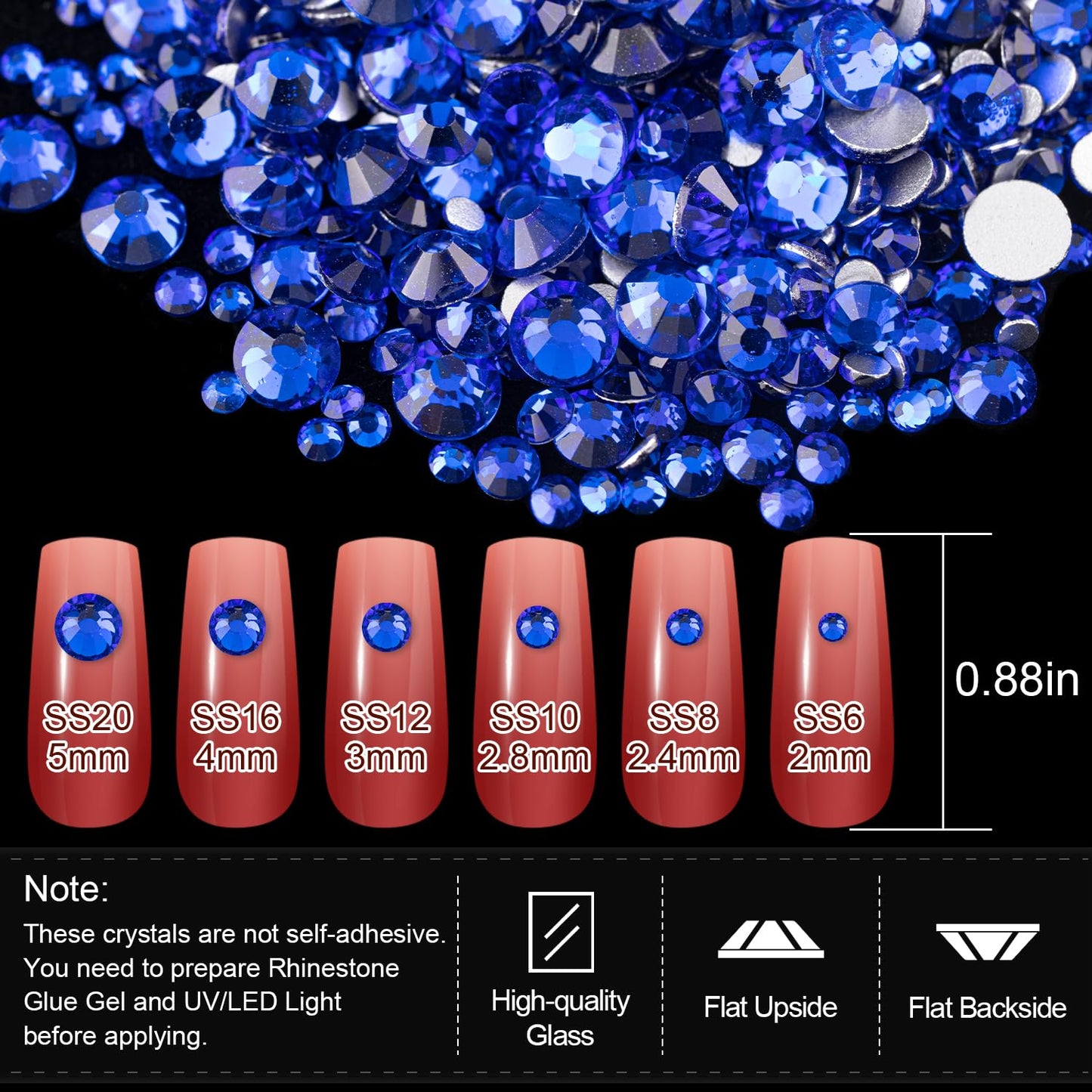 Rhinestones for Nails, Manicure Kit with Rhinestone Glue Gel, Multi Shapes Dark Blue Glass 3D Nail Charms + Flatback 2-5mm Round Beads & Gem Glue (UV/LED Needed) with Dotting Tools