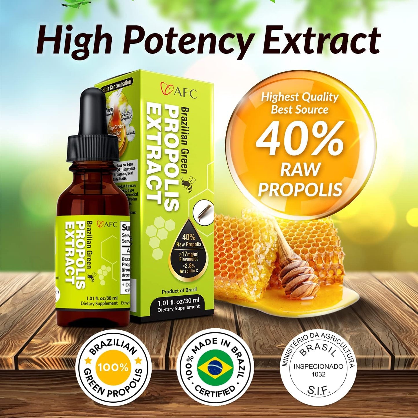 AFC Japan Brazilian Green Propolis Extract | Highest Artepilin C & Flavonoids for Antioxidant & Immune Support Pure Concentrated Liquid Extract Bee Propolis Tincture from Brazil (30ml/ 1Fl.Oz)