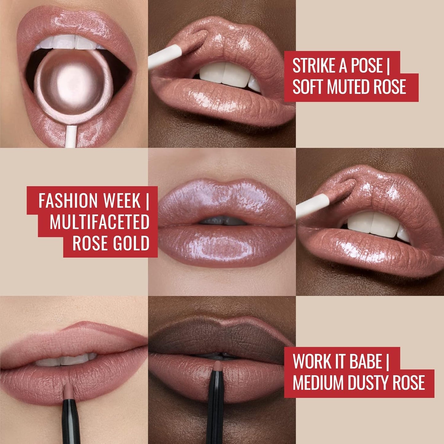 Runway Rogue LuxGloss Kit with 2 Moisturizing Shimmer Lip Gloss Tubes (‘Strike a Pose’ and ‘Fashion Week’) and 1 Matte Lip Liner Pencil (‘Work It Babe’)