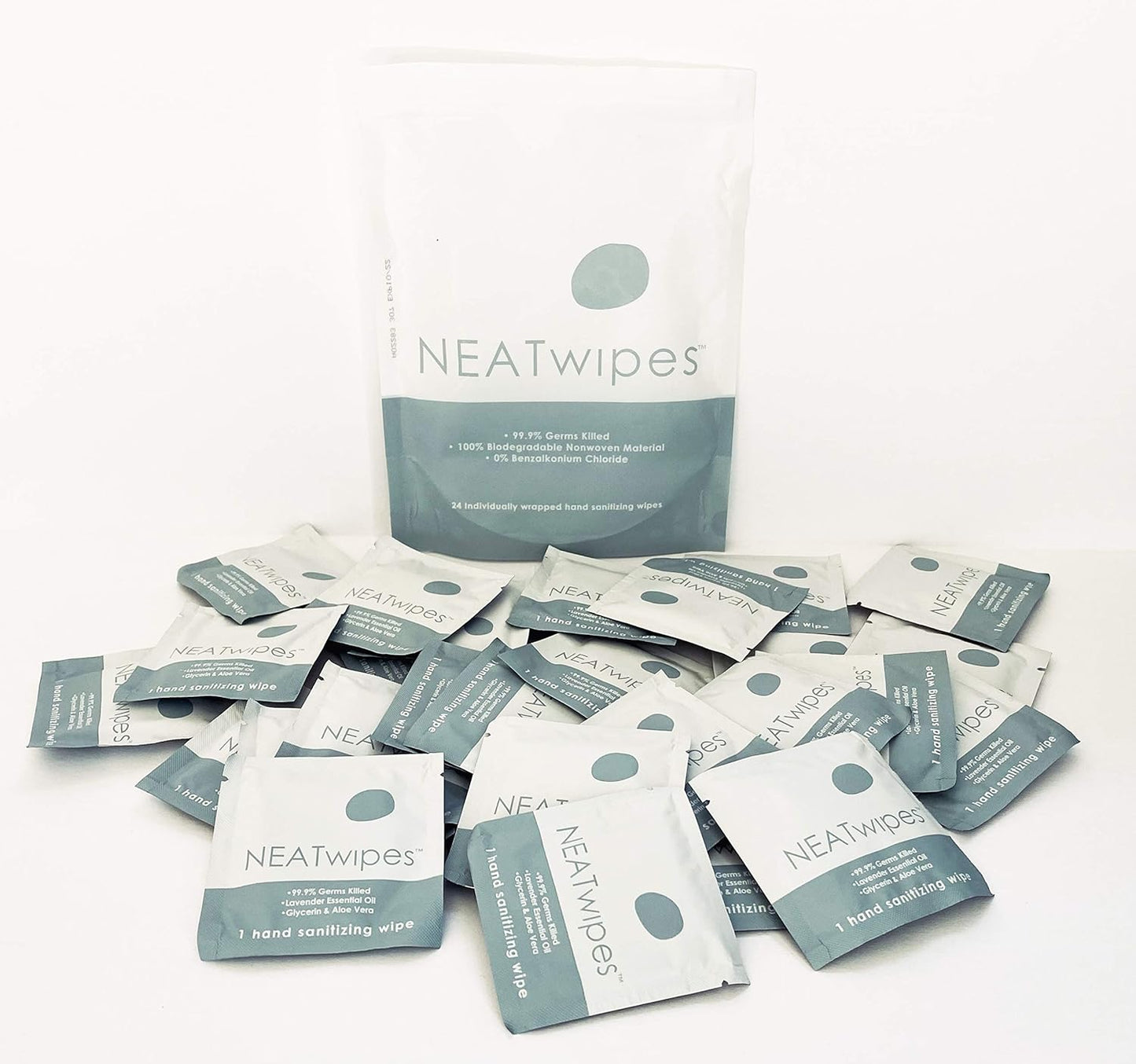 NEATwipes Hand Sanitizing Wipes | Travel Essentials | Disposable Wet Wipe & Planet Friendly | Lavender Essential Oil & Soothing Aloe | 10 Pouches of 24 Individually Wrapped Wipes