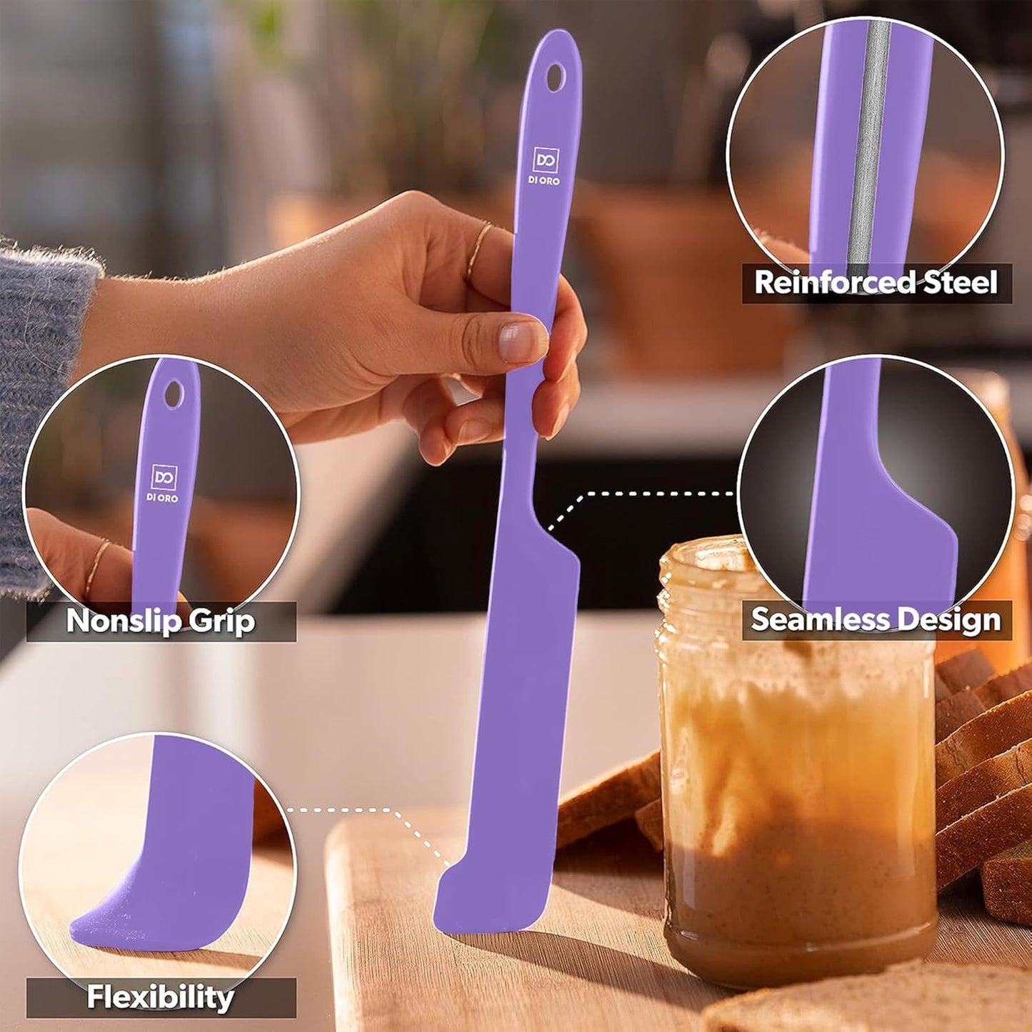 DI ORO Silicone Jar Spatulas for Scraping - Rubber Spatulas Silicone Heat Resistant - Kitchen Spatulas Nonstick Cookware Safe - Silicone Utensil Set for Blenders, Mixing, & Baking, (5pc, Lavender)