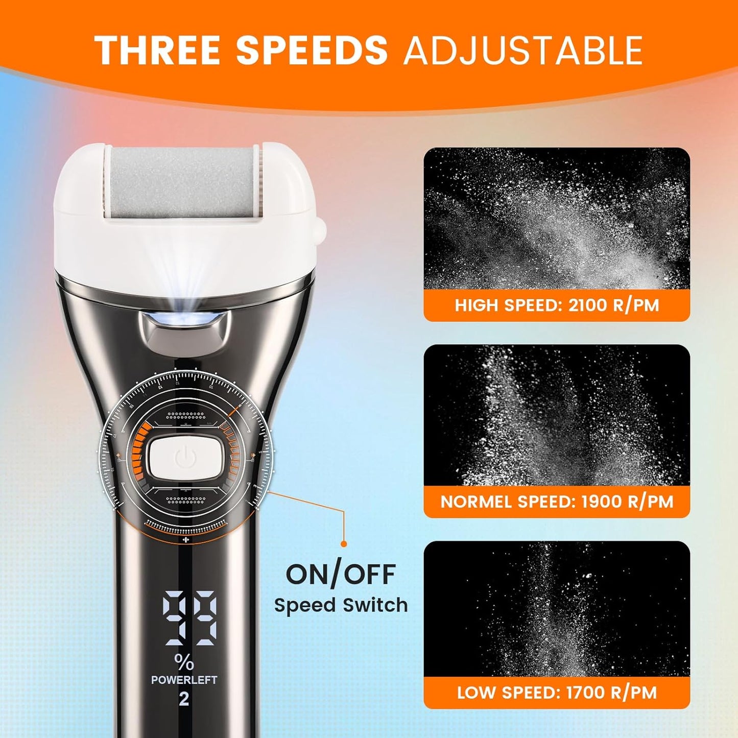 Electric Foot Callus Remover, Rechargeable Portable Electronic Foot File Pedicure Kits, 3 Roller Heads, 3 Speed, Battery Display for Remove Cracked Heels Calluses and Dead Skin（BCM-1852）