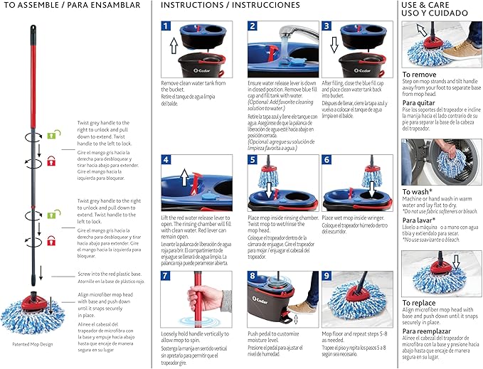 O-Cedar RinseClean Spin Mop & Bucket System + 2 Extra Mop Heads| Clean with Clean Water | Removes 99% of Bacteria