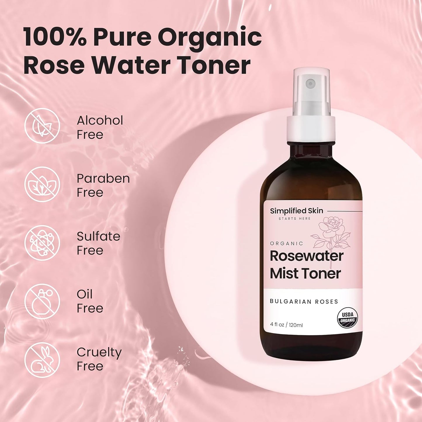 Rose Water Spray for Face & Hair - Organic USDA Certified Rosewater Facial Toner - Alcohol-Free Makeup Setting Hydrating Face Mist - Anti-Aging Toner Spray - 4 Oz