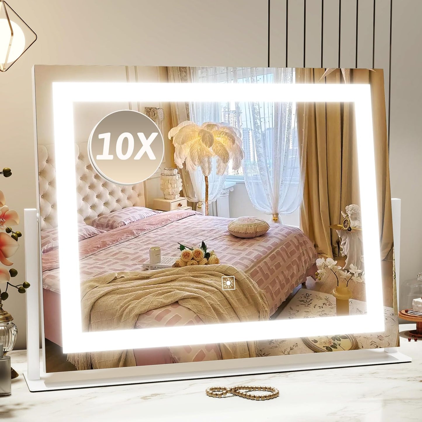 Vanity Mirror with Lights 22"x18", Lighted Makeup Mirror with 10X Magnification, Smart Touch 3 Colors Dimmable, 360° Rotation, Women Gift, Dresser Mount, Bathroom (White)