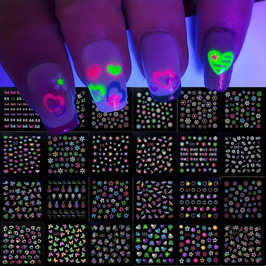 Fluorescence 30 Sheets Flowers Nail Stickers 3D Self-Adhesive Nail Art Charms Sticker Decals for Crafts Supplies Accessories (ST-N)