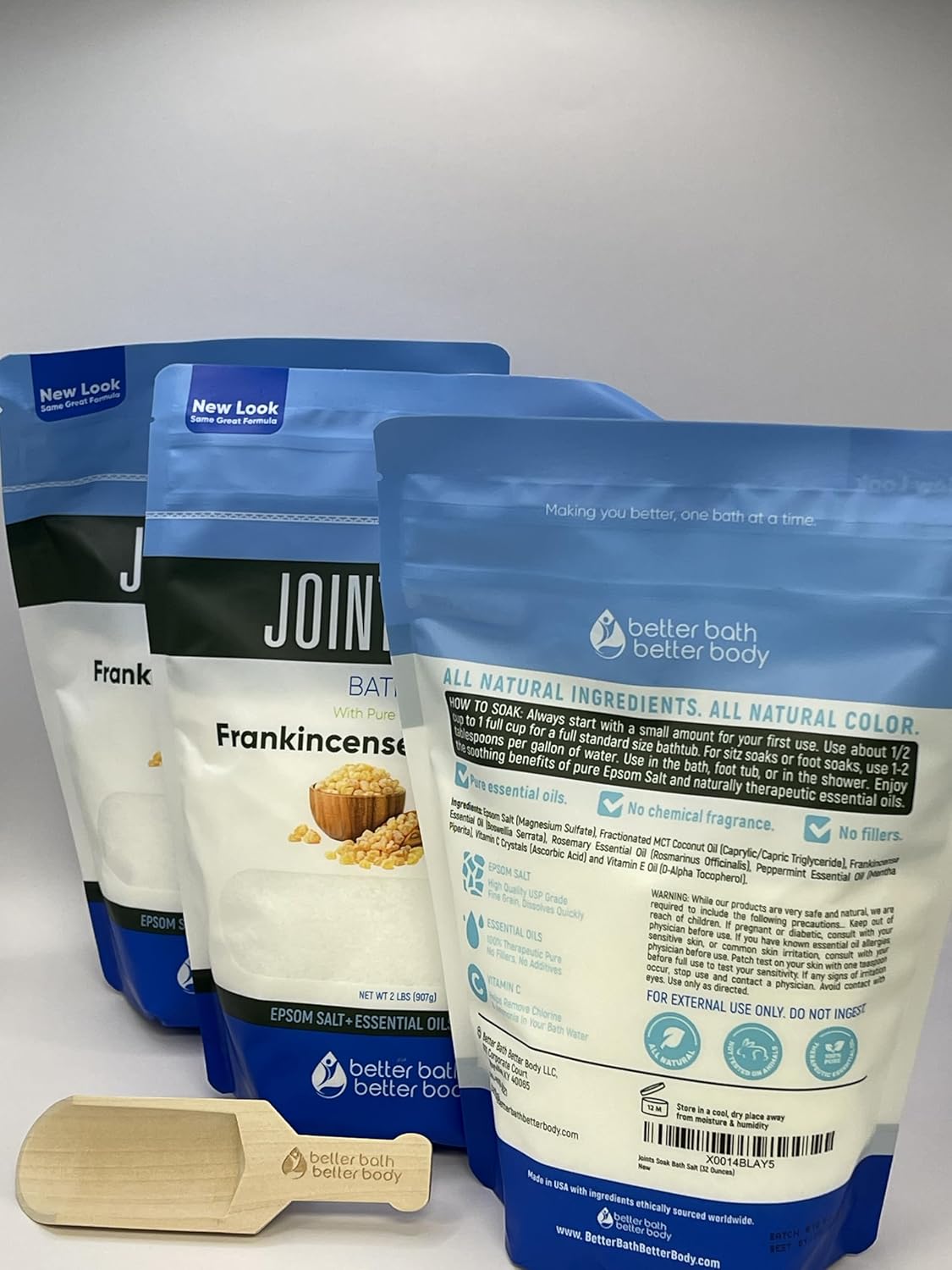 Joints Bath Soak (3 Pack with Scoop) Soothing Epsom Salt with Rosemary and Frankincense Essential Oils Plus Vitamin Crystals in BPA Free Pouch Three 2 lbs Pouches 6 Lbs Total