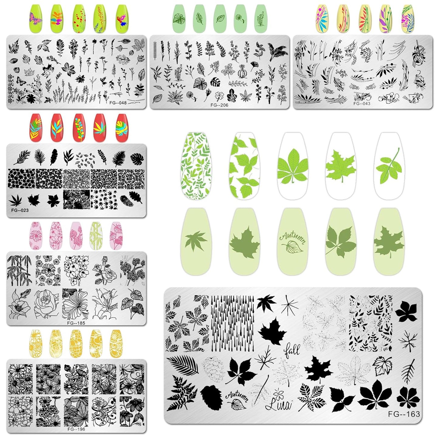 AddFavor Nail Stamper Kit 7pcs Nail Stamping Plates Flower Leaf Maple Nail Stencils with 2 Stamp and 2 Scraper for Home Salon Manicure Design Supplies Tools
