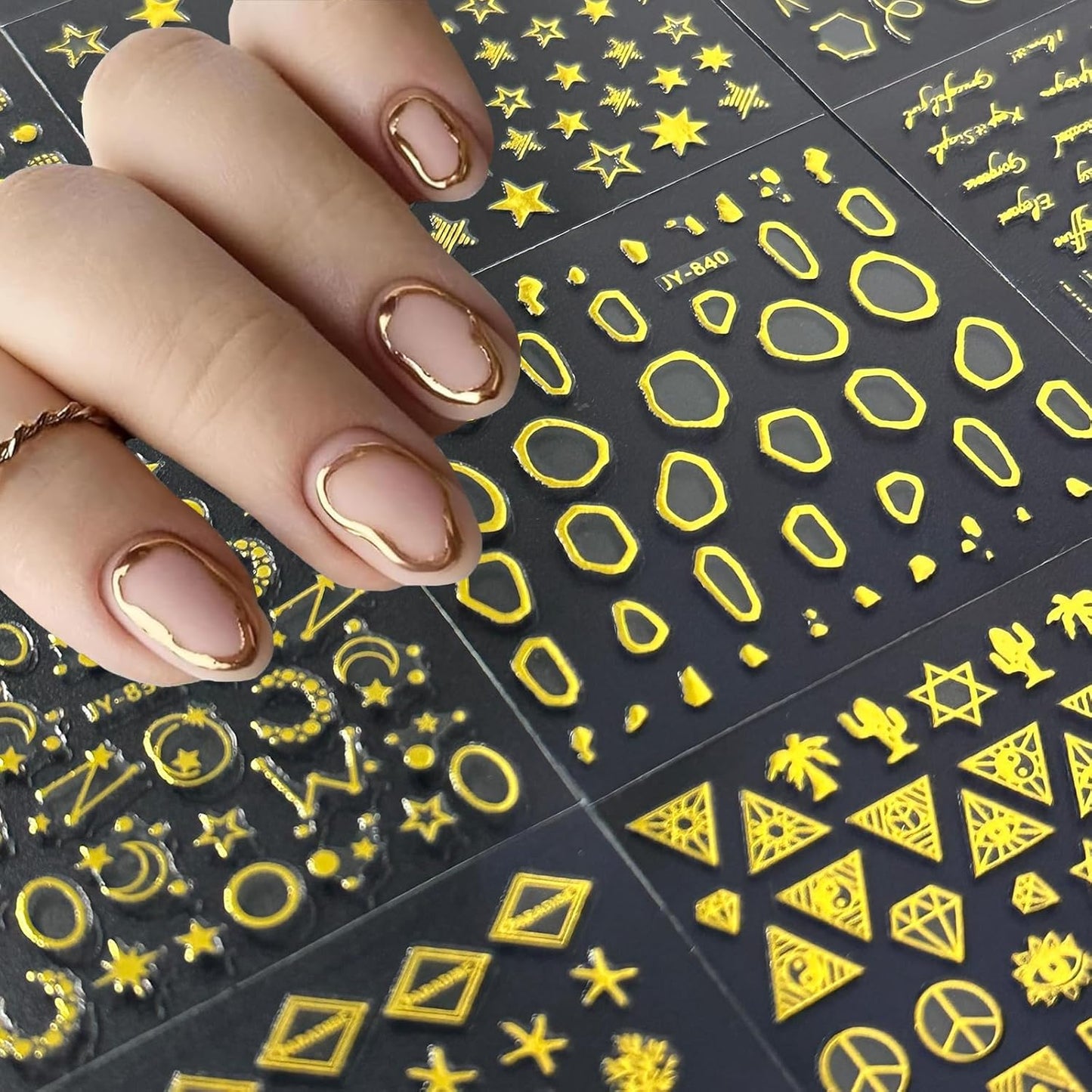 Gold Star Nail Art Stickers - 30 Sheets 3D Self-Adhesive Decals With Line and Heart Designs for Acrylic Nails - Art Supplies Decoration Accessories for Women