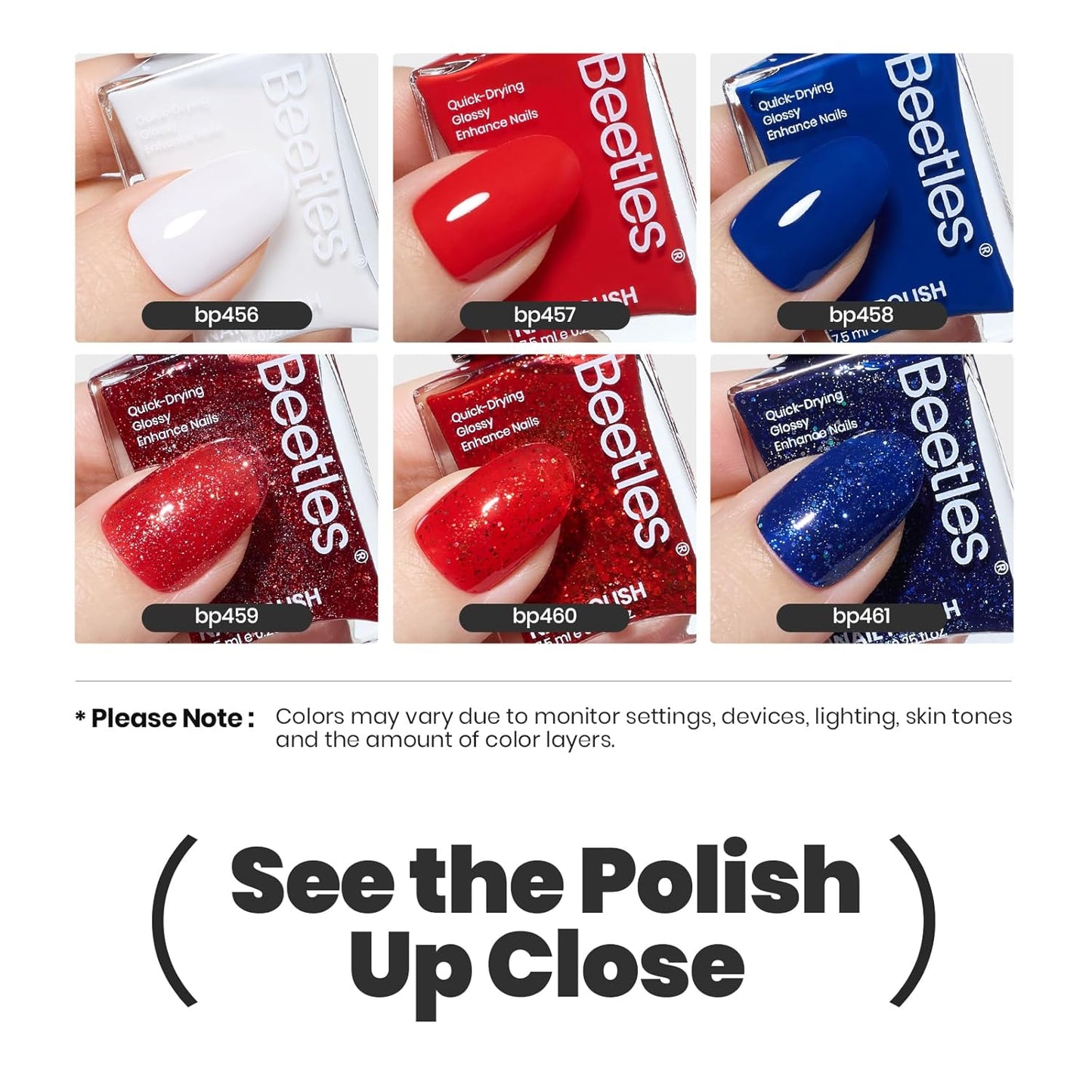 Beetles 4th of July Nail Polish Set - 6 Colors White Red Blue Nail Polish Kit Sparkle Glitter Fingernail, Quick Dry & Long Lasting Beetles Midnight Fireworks Diy Nail Art Design Gifts for Women