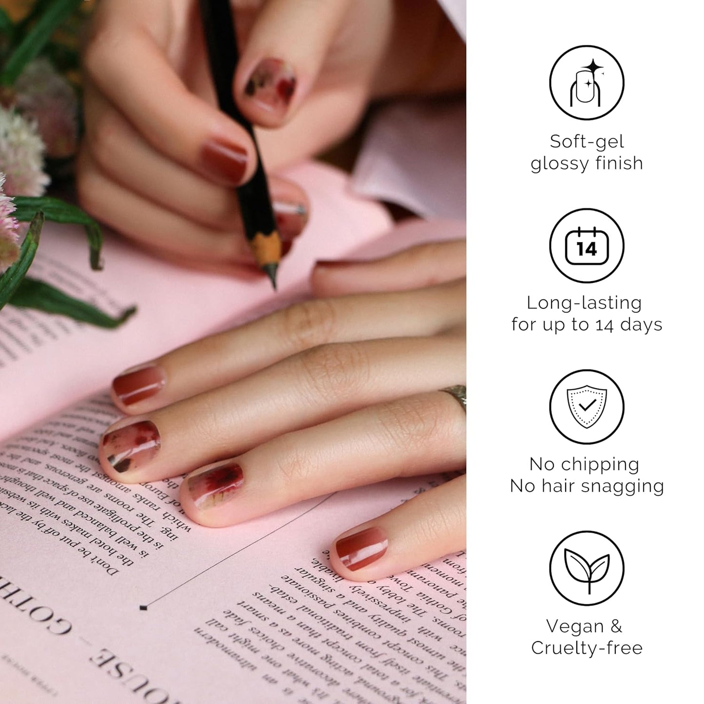 Semi Cured Gel Nail Strips - NAILOG 34 Pcs Gel Nail Stickers | Buy 2 Get 1 UV Light | Extra Long Nail Wraps with Glossy Gel Finishing Reddish Brown, Wildflowers