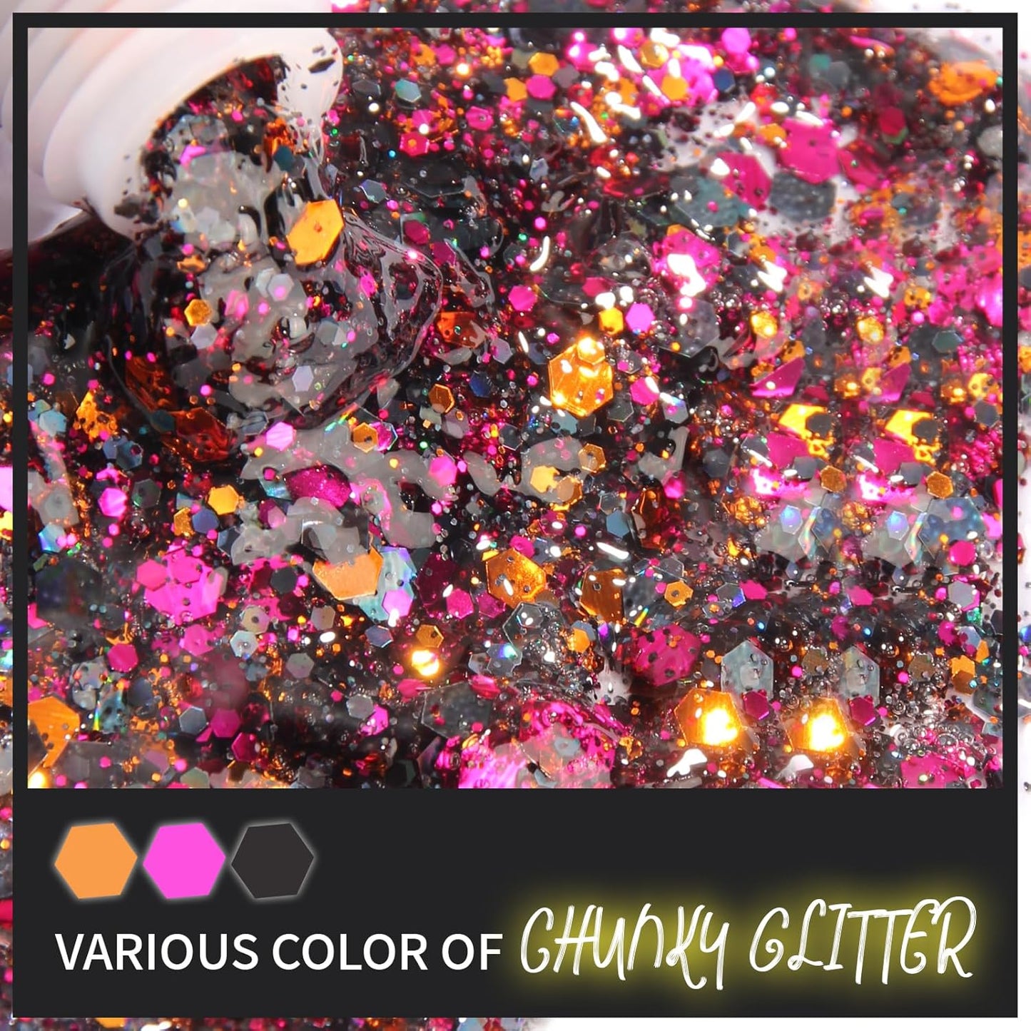 DAGEDA Halloween Black Body Glitter Gel, Face Hair Glitter Body Shimmer, Halloween Costume Accessories Chunky Glitters Eyeshadow, Holographic Cosmetic Sequins Festival Outfits for Women 50ml