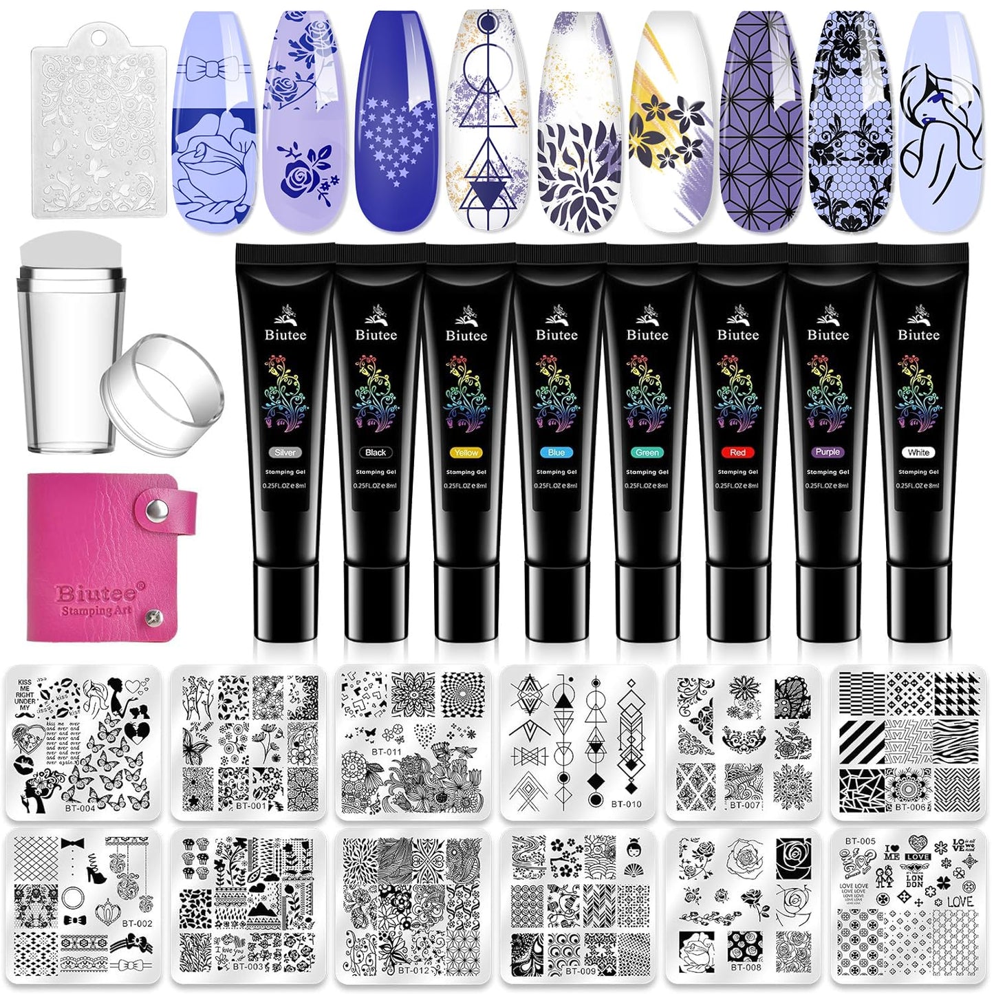 Biutee Nail Stamper Kit Nail Art Stamping Plate Set Stamping Polish Gel Stamp Plate Jelly Silicone Stamper Scraper Flower Lace Line Kiss Stencil Template Tool Supplies for Holiday (Storage Bag)