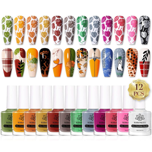 BORN PRETTY Stamping Nail Polish 12Colors Fall Winter Stamping Polish Set for Stamp Nails