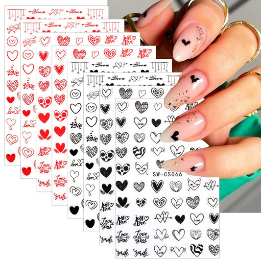 8 Sheets Valentines Nail Stickers Decal 3D Self-Adhesive Romantic Red Heart Nail Art Stickers Love Hearts Nail Design Acrylic Nail Art Supplies Valentines Day Nail Decals for Women DIY Nail Decoration