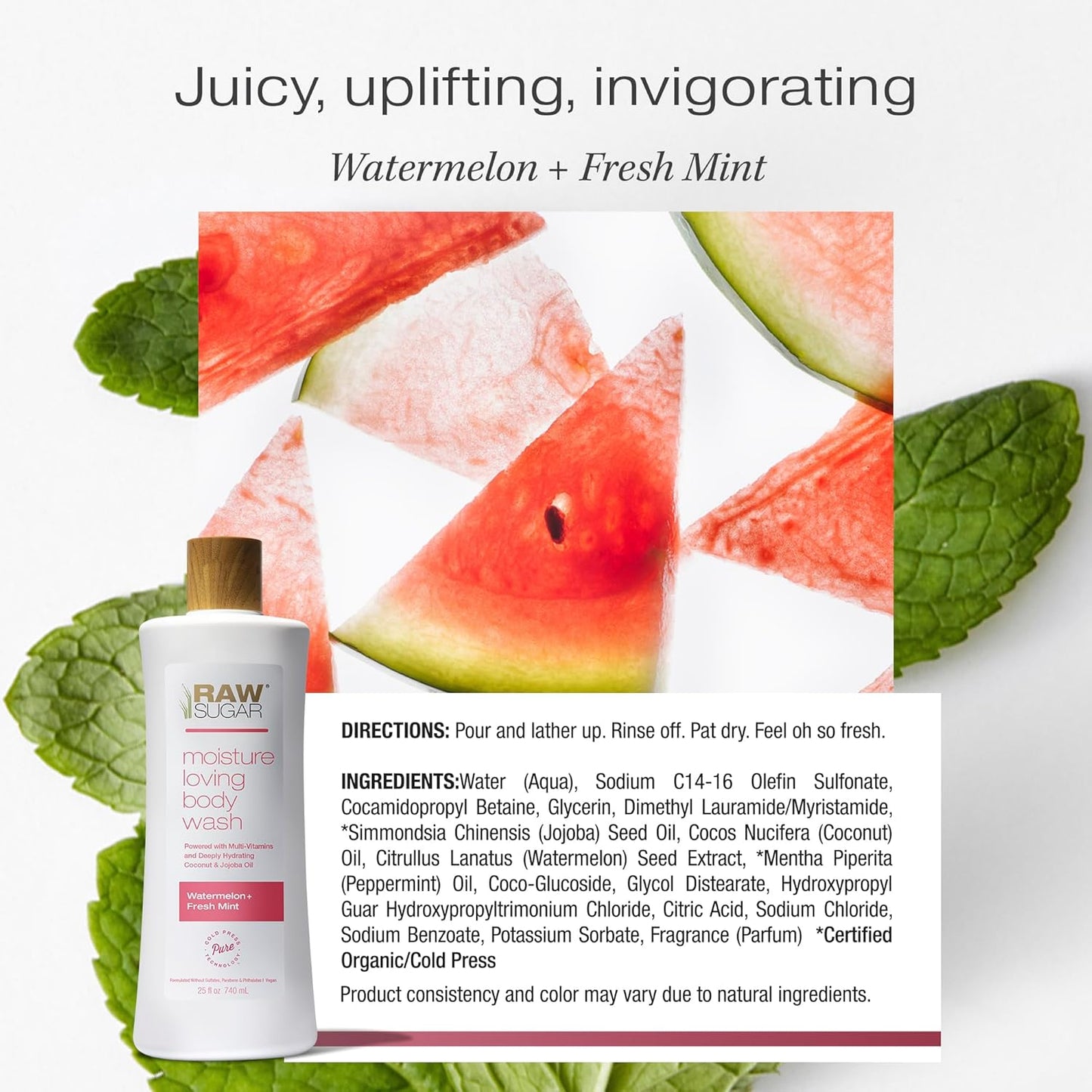 RAW SUGAR Moisture Loving Body Wash - Watermelon + Fresh Mint, Moisturizing & Refreshing Bath & Shower Gel, Sulfate-Free, Paraben-Free & Vegan (Pack of 3)