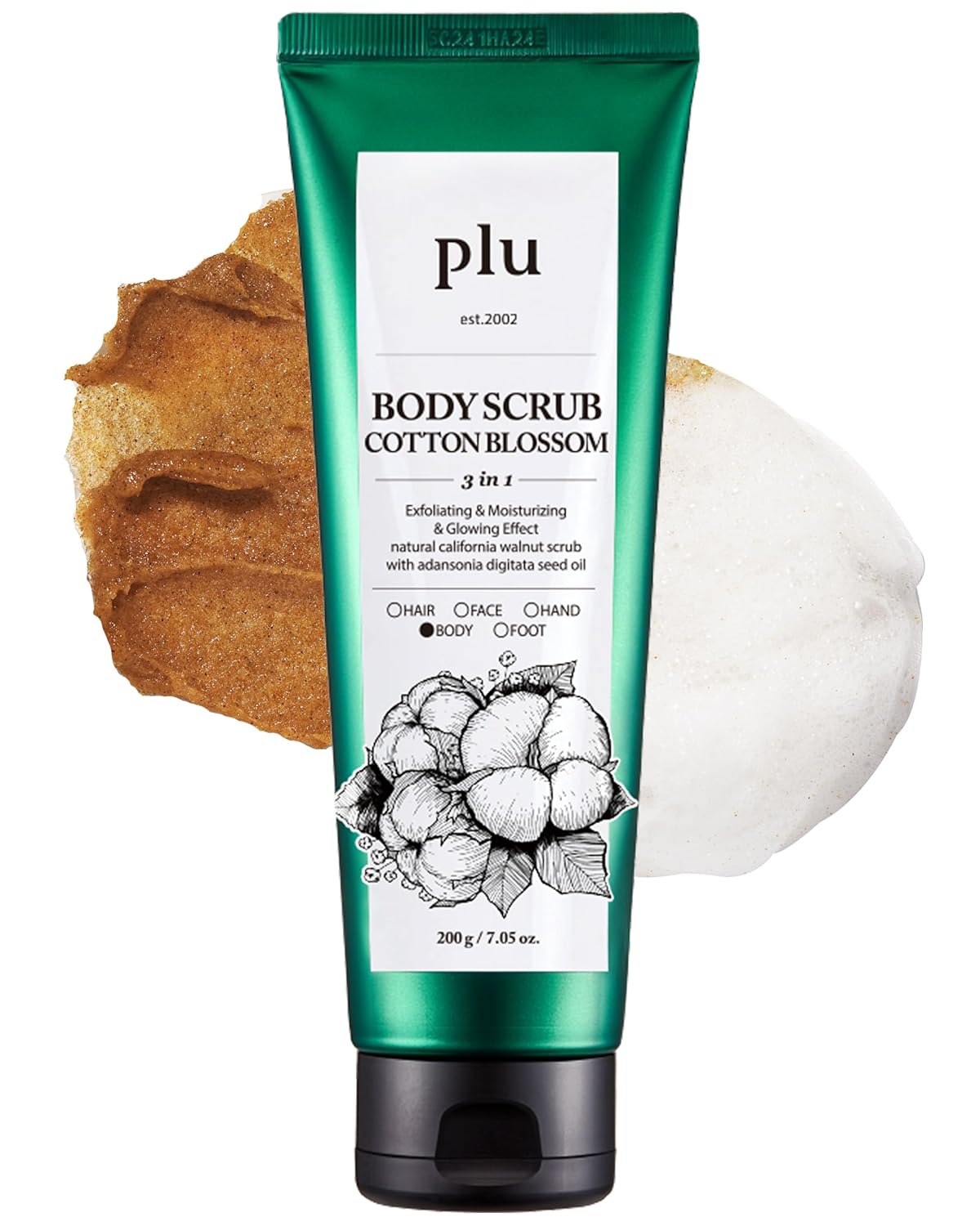 PLU Korean Original Walnut Body Scrub Polish - Cotton Blossom - Exfoliating & Moisturizing & Glow - for Acne, Cellulite, Stretch Marks, Spider Veins - Cozy Soap & Floral Scent, 6.76 oz.