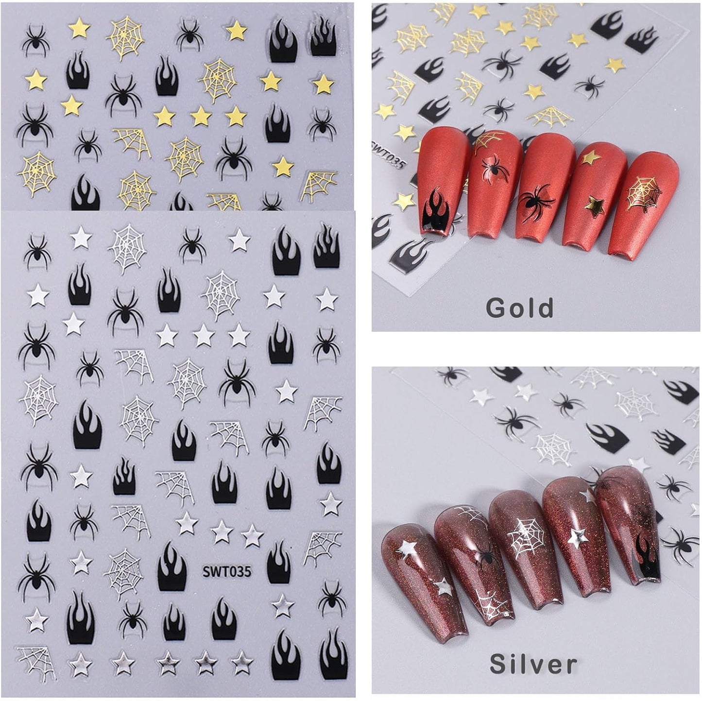 6 Sheets Halloween Nail Stickers Gold Silver Nail Art Stickers Bat Spider Web Stars Nail Decals with Glitter Bat Spide Love Design Nail Art Sticker Decoration for Women Girls Manicure Supplies
