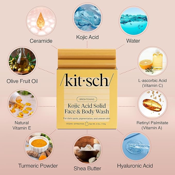 Kitsch Kojic Acid Soap – Turmeric Soap Bar with Hyaluronic Acid & Shea Butter – Brightening & Hydrating Body Wash & Face Wash for Dark Spots, Even Skin Tone & Natural Glow - Made in USA - 4 oz