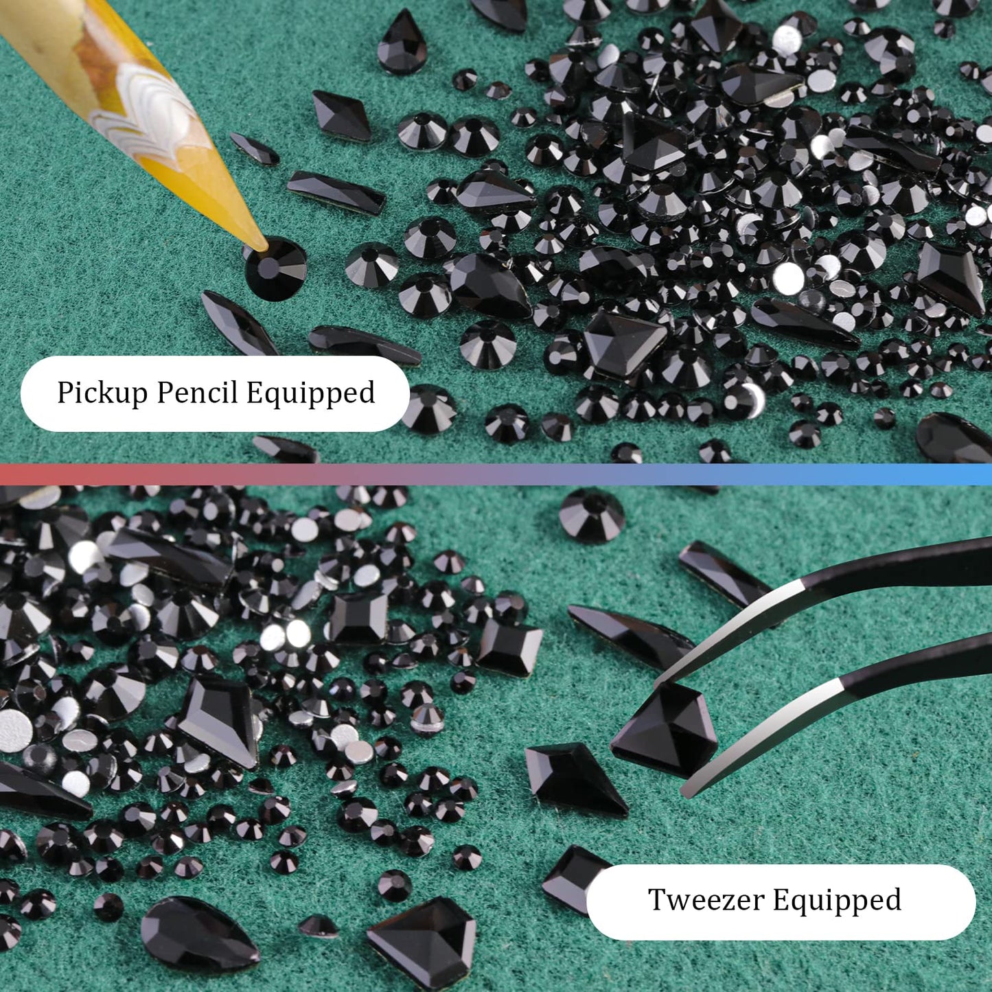 Multi Shapes Black 3D Glass Crystal Nail Art Rhinestones Kit with Flatback Round Bead Charm Gem Stone Jewelry Diamond with Pickup Pen + Tweezer for Manicure Makeup DIY Craft Decoration