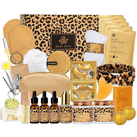 Leopard 32 Pcs Facial Skin Care Set, Spa & Self-Care Gifts, Bath and Body Gifts for Women, Lip Oil, Face Sheet Mask, Bath Oil, Hyaluronic Acid, Birthday, Christmas, Valentines