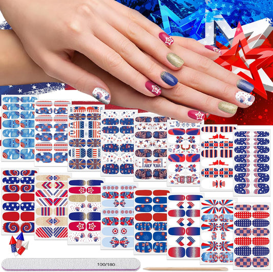DANNEASY 16 Sheets Independence Day Nail Wraps 4th of July Nail Polish Stickers Self Adhesive Nail Polish Strips Gel Fingernail Sticker Nails for Women with Nail File, Cuticle Stick